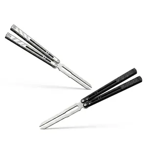 Premium Balisong Trainer - Unsharpened Dull Blade Safe Practice Tool, Durable Metal Fidget Toy for Beginners (Black/Silver) Stylish