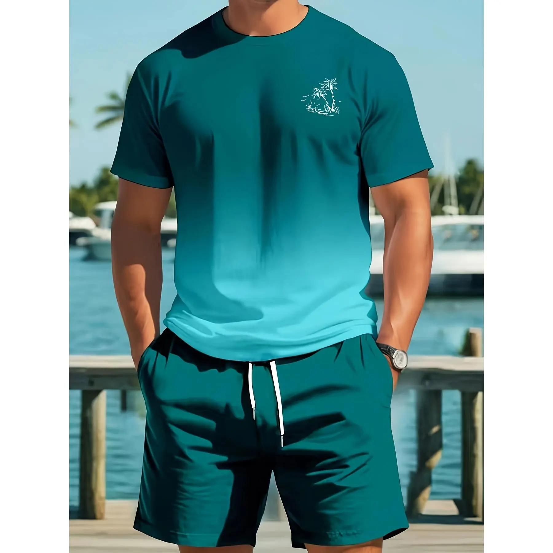 Men's 2pcs Summer Matching Short Sleeve T-Shirt Board Shorts Set Round Neck Beachwear for Surfing Swimming Casual Outfits Machine Washable