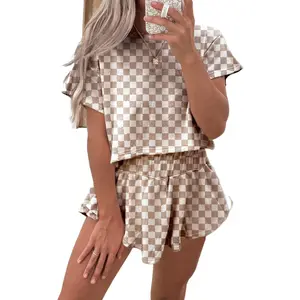 Women's Brown Checkerboard T-Shirt and High Waist Skorts 2-Piece Summer Outfit Clothes Suits