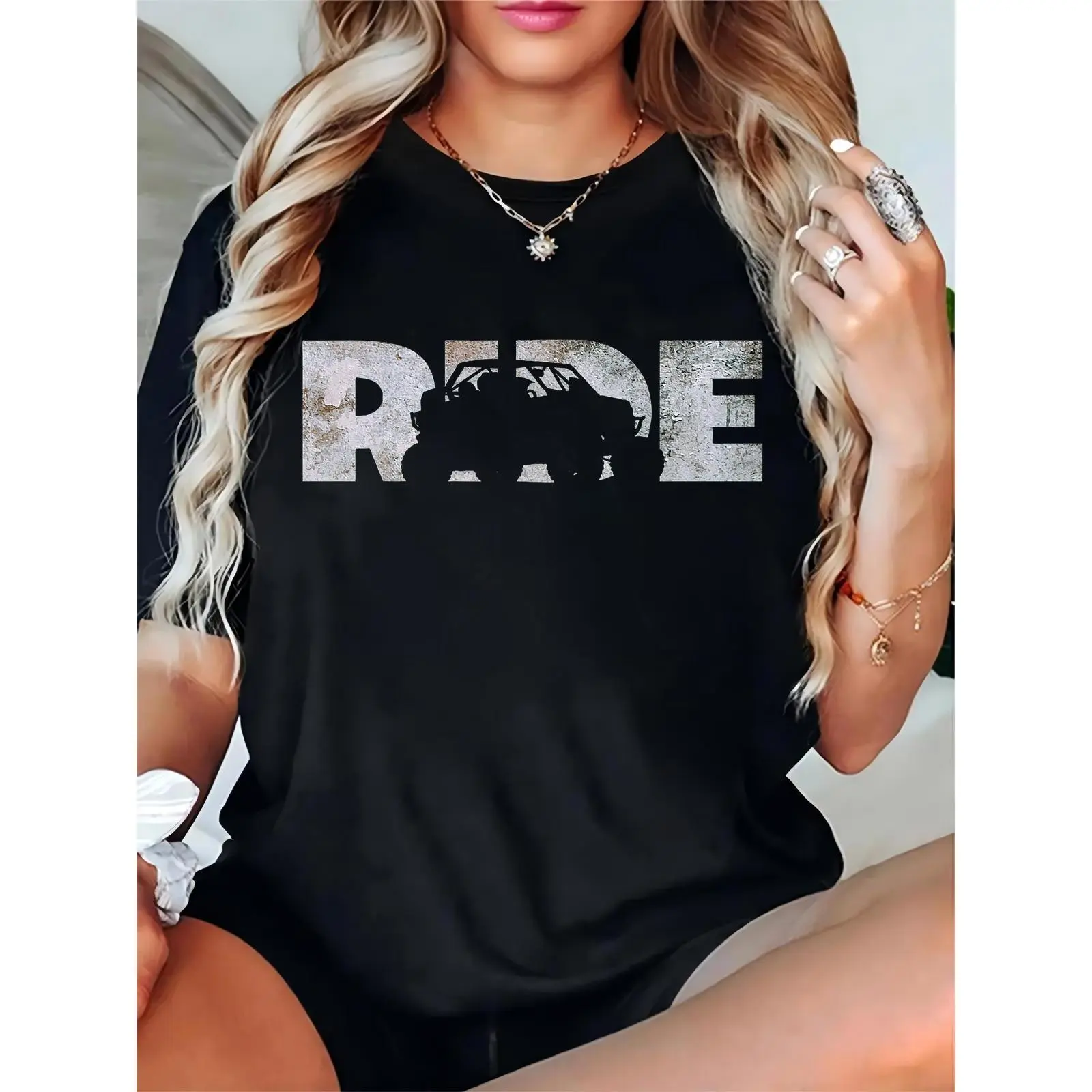 Women's Black T-Shirt with Vintage "RIDE" ATV Silhouette Graphic, Casual Outdoor ATV Riding & Weekend Fun Top, Skirts, Day