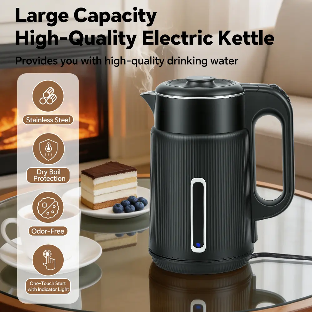 1.7L Electric Kettle Double Wall Stainless Steel Fast Boiling Hot Water Boiler with Auto Shut Off & Boil Dry Protection