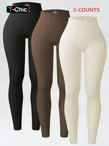 Women's Solid High Waist Leggings, Athleisure Fitness Leggings, Stretchy Workout Leggings, Sporty Comfy Breathable Ribbed Skinny Pants for Yoga Gym Workout, Ladies Sportswear for All Seasons, High Waisted Leggings, Activewear Bottoms, High Rise Leggings