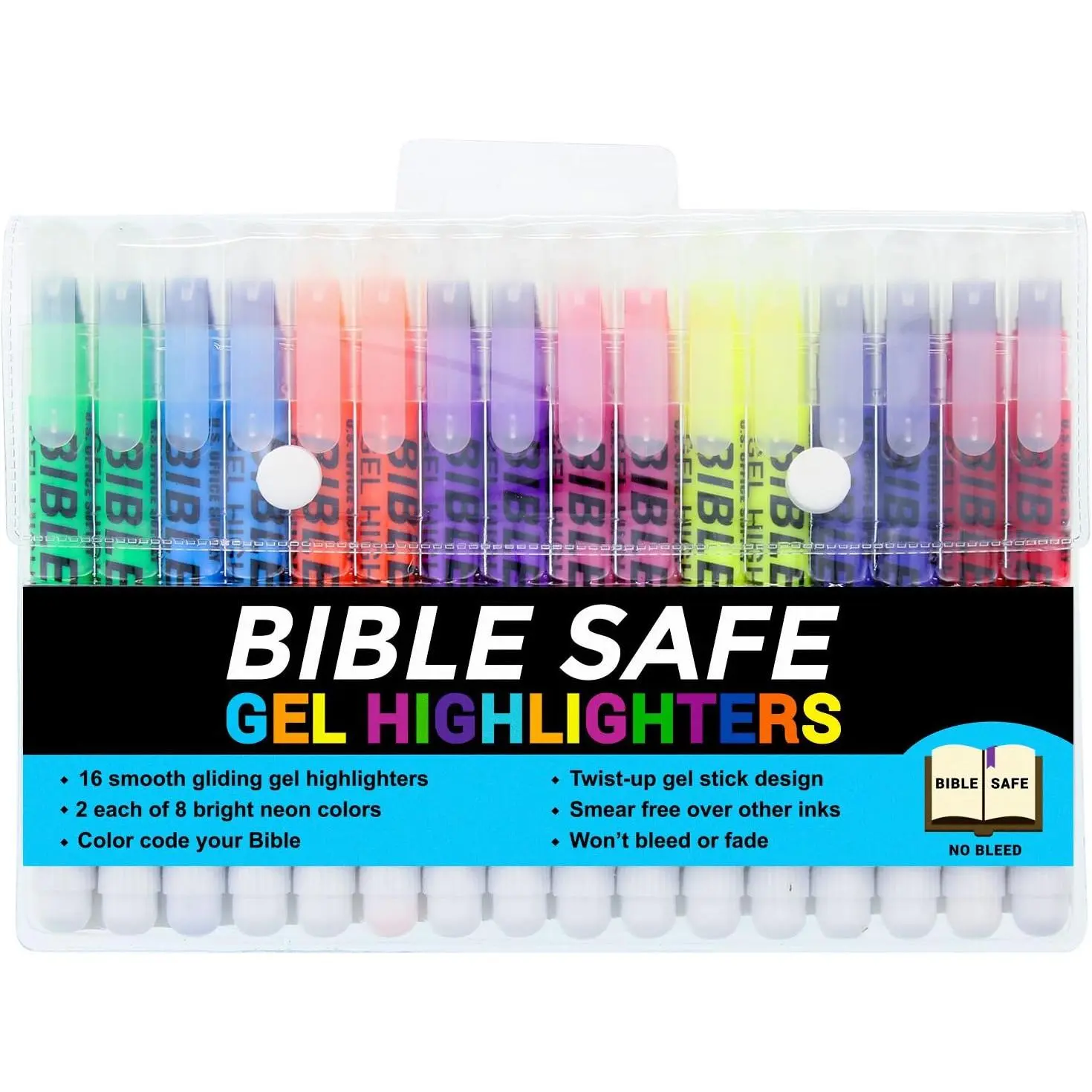 U.S.    Safe Highlighter Set of 16, 2 Sets of 8 Bright Flouresent Colors, Dry  Highlighters No Bleed, Fade or Smear, Safe Gel Markers, Accessories, Study Guide
