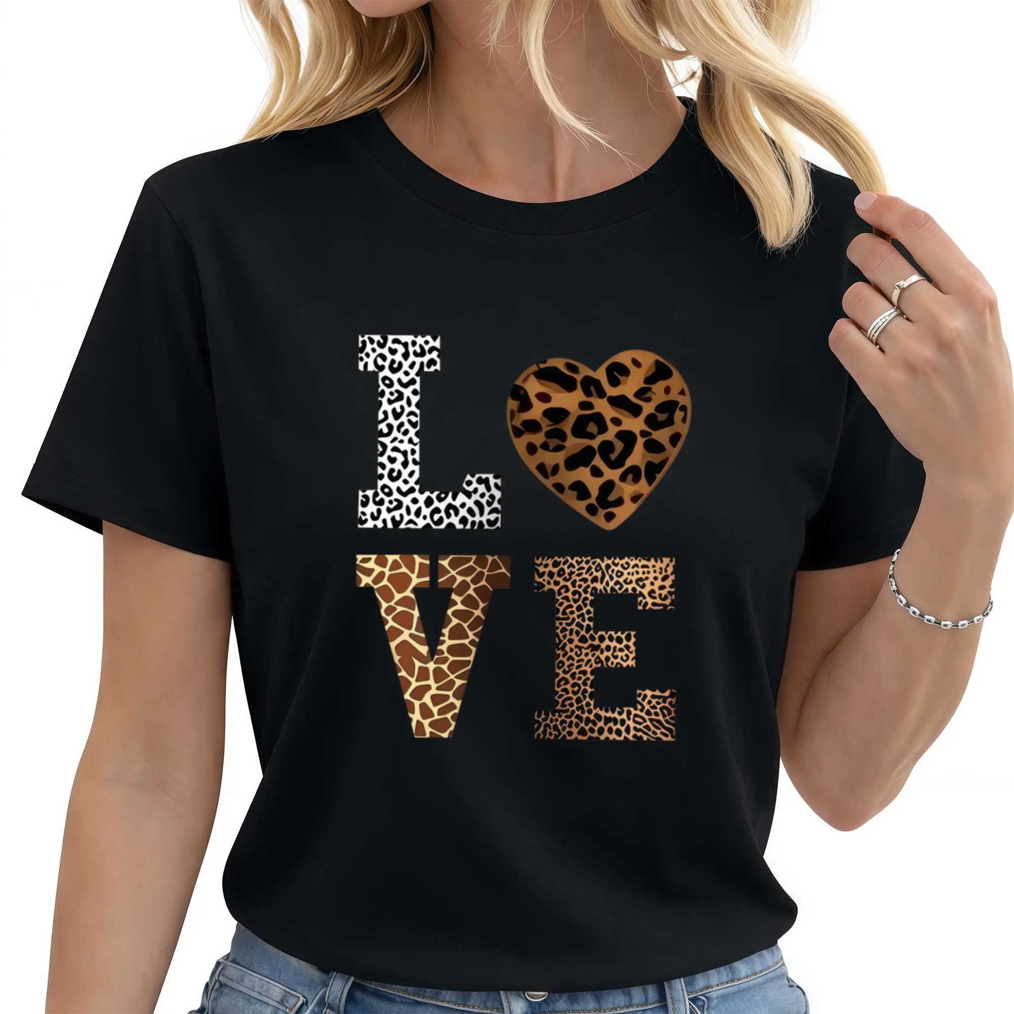 Women's Round Neck T-Shirt with Casual LOVE Leopard Heart Graphic | Soft 100% Cotton Streetwear, Lightweight Fabric, Shortsleeve Regular Fit, Shirts For Women, Back To School Haul, Graphic Tees, Machine Wash, Casual Sporty Style, Sporty Chic