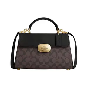 COACH Eliza 27 Classic Monogram Oval Hardware Handbag for Women, Large Crossbody Shoulder Tote in Brown and Black