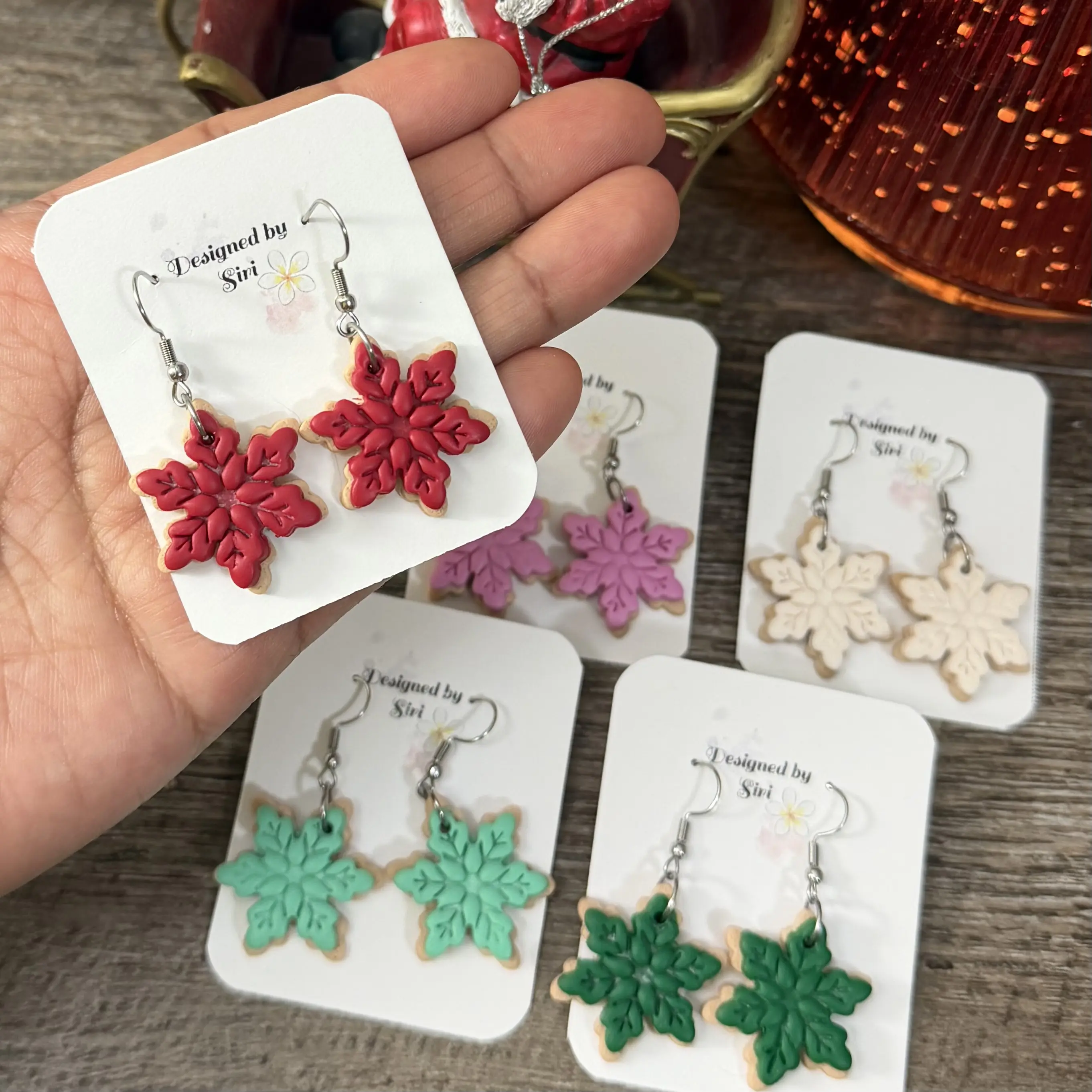 Snowflake Earrings, Sugar Cookie Earrings made of polymer clay and stainless steel wires