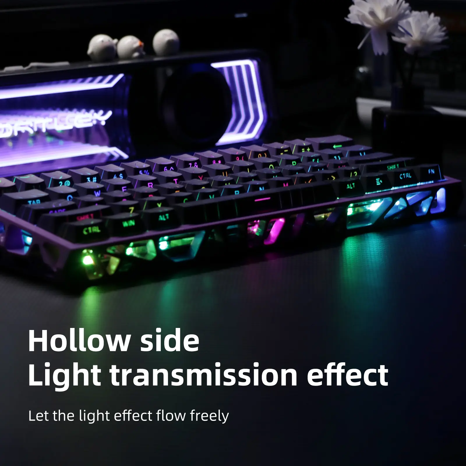 Compact 61-key wired mechanical keyboard featuring a purple gradient topographic contour design, RGB gaming backlighting, hot-swappable switches and keycaps, and a gasket mount system; designed for PC use and suitable for esports.