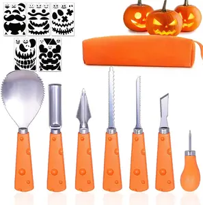 Halloween Pumpkin Carving Kit with 7 Tools Set & 4 Stencils for Creative Jack-o'-Lanterns Includes Orange Handle Tools and Stencils Perfect for Halloween Enthusiasts