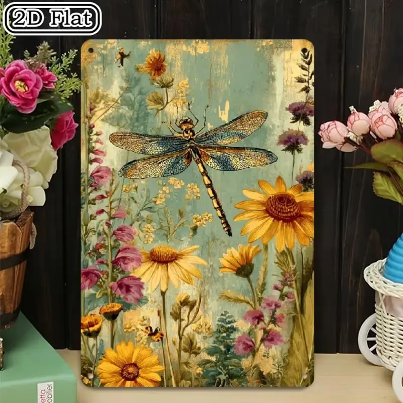 Vintage Distressed Metal Tin Sign, Watercolor Dragonfly Sunflower Wildflower Wall Plaque, Shabby Chic Teal Botanical Floral Rustic Wall Art Decor For Patio Garden Farmhouse Porch Kitchen Retro Vintage Dragonfly & Sunflower Wildflower Iron Wall Sign