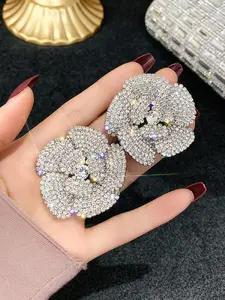 Luxurious Shiny Silver Color Flower Rhinestone Earrings for Women, Perfect for Wedding Party Evening Wear, Casual Style, All Seasons