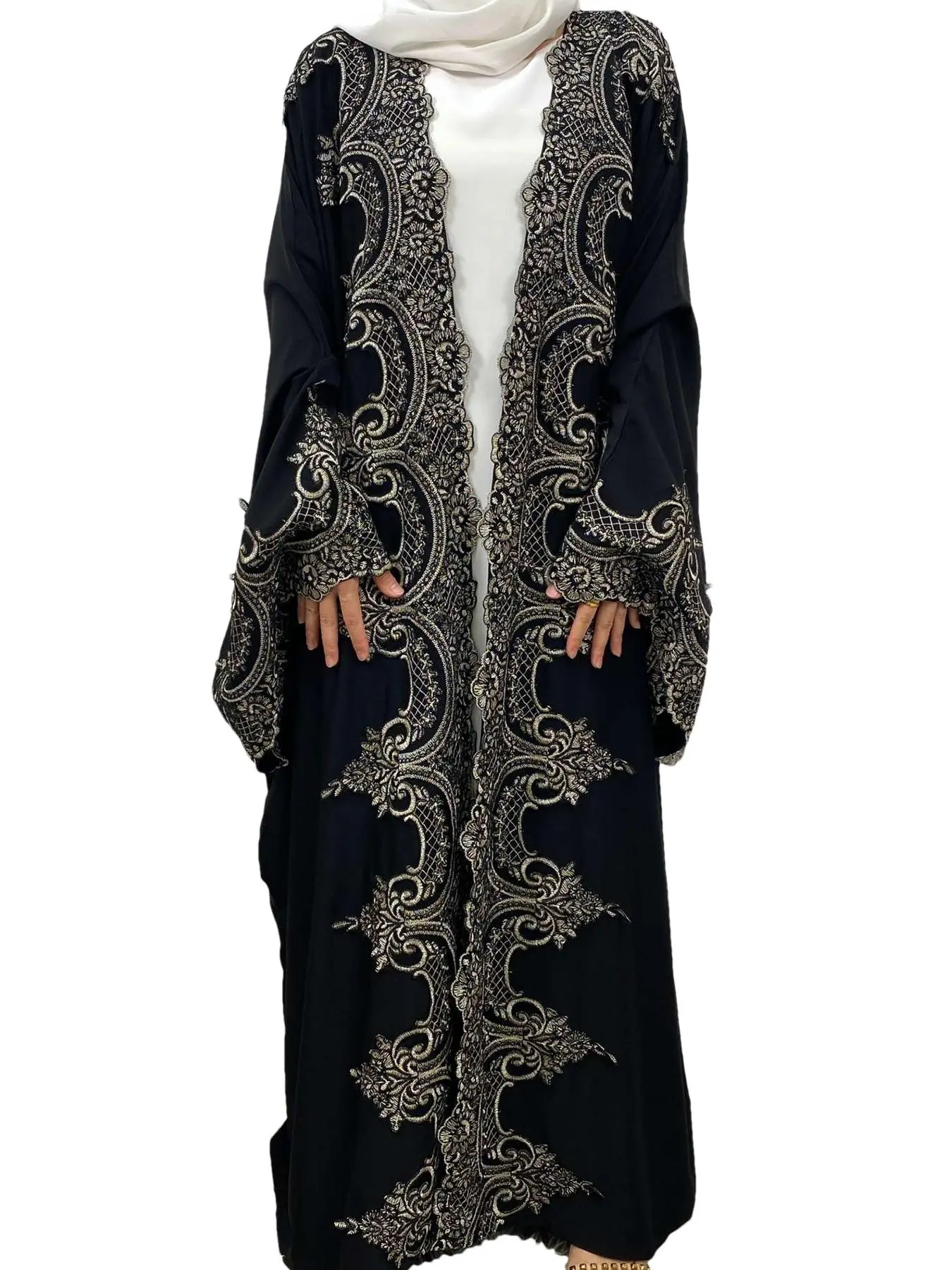Women's Floral Embroidery Batwing Sleeve Abaya, Modest Casual Long Sleeve Open Front Abaya for Daily Wear, Women's Muslim Clothing for Spring & Fall