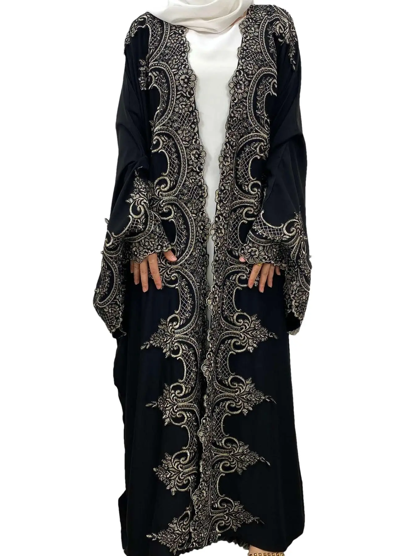 Women's Patchwork Appliques Batwing Sleeve Abaya, Modest Casual Long Sleeve Open Front Abaya for Daily Wear, Women's Islamic Clothing for All Seasons