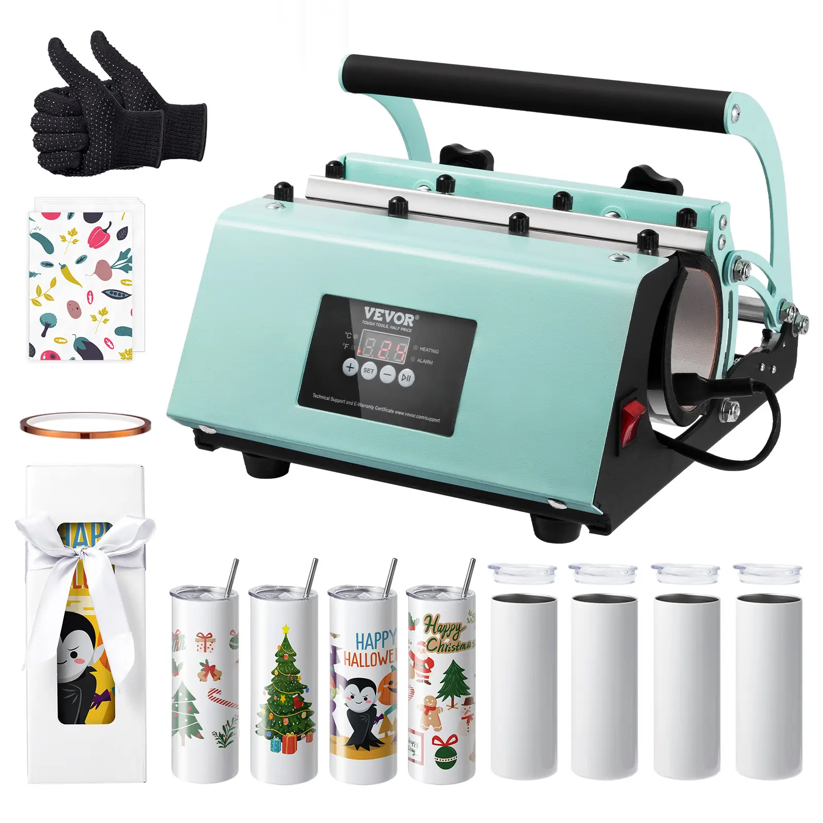 【summerfinds】VEVOR Tumbler Heat Press Machine and Sublimation Tumblers, Tumbler Press Set with 8pcs 20OZ Blank Tumblers, Mug Press Cup Press for 11-30oz Tumblers Mug, with Heat Transfer Paper, Gloves, Tape