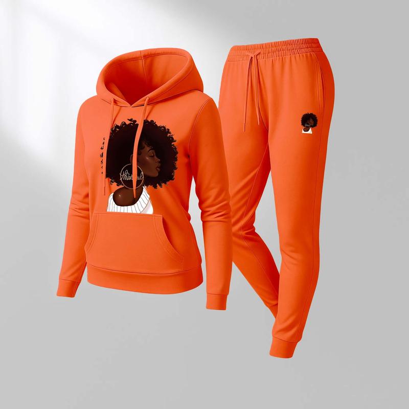 Women's Black Woman In Profile  Print Hoodie And Drawstring Track Pants Set, Casual Sportswear, Long-Sleeved Hooded Jacket And Pants, Suitable For Autumn And Winter, Everyday Wear, Indoor And Outdoor Sportswear, Casual Sportswear.