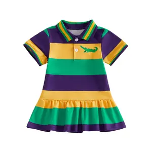 Toddler Girl Mardi Gras Theme Dress, Short Sleeve Striped Collared, Cute Spring Baby Girl Outfit with Embroidered Alligator Design