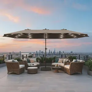 FUFU&GAGA 15x9ft Solar LED Patio Umbrella, 36 LED Lights, Double-Sided Rectangular Canopy for Garden, Pool, Deck w/Base & Crank