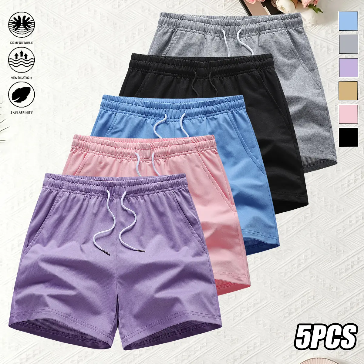 Set of 5 women’s shorts for summer featuring a simple solid-color design—stylish and versatile—with drawstring and pockets; suitable for outdoor activities, commuting to work, gym workouts, and more.