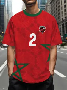 Men's Fashion Casual Short Sleeve T-Shirt, Moroccan Soccer Style, All-Over Print, Fitted, Long Sleeve, Ideal for Outdoor Wear