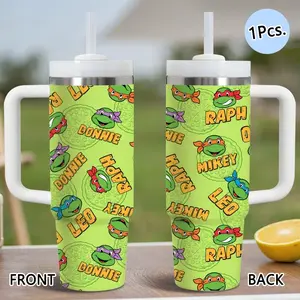 PIKPAKA Teenage Mutant Ninja Turtles Vacuum Flasks, Insulated Cups 40oz Stainless Steel Tumbler with Handle & Straw, Vacuum Insulated Travel Mug Keeps Drinks Cold Up to 12 Hours, Leak-Resistant Cup for Iced Coffee, Water, Office, Gym or Travel
