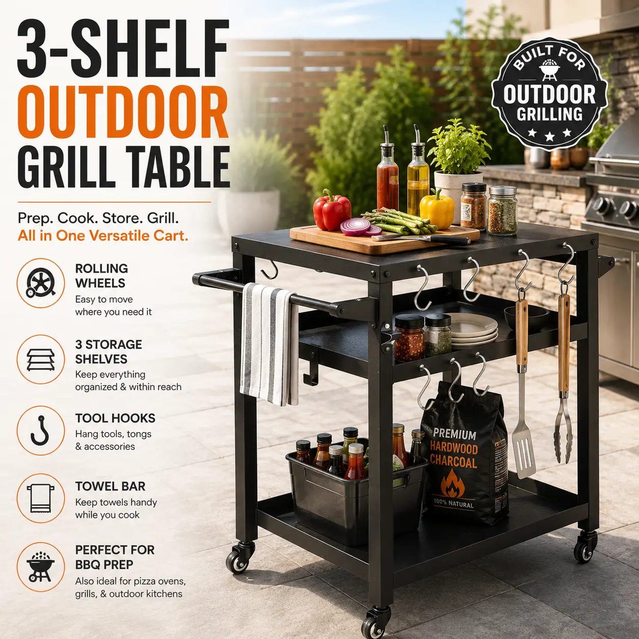 Outdoor Grill Cart with Wheels Blackstone Griddle Table Stand 3 Tier Food Prep Station for Pizza Oven Propane Tank Hook Patio BBQ Cooking Backyard Heavy Duty Movable Storage Shelves Outside Grilling Accessories