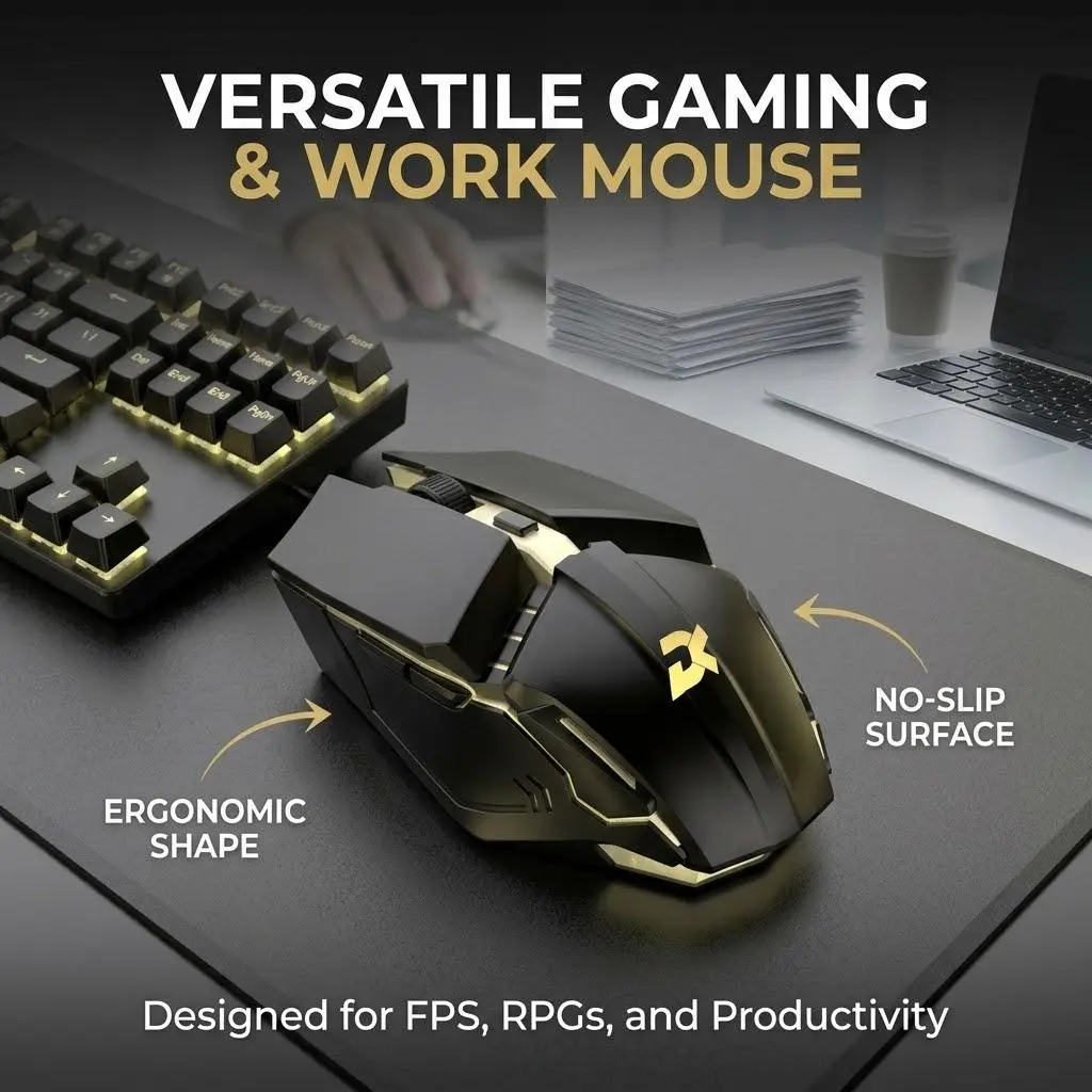 Wired Gaming Mouse with Rainbow LED Backlight, Mecha Black & Gold Optical Sensor Device (No Side Buttons), Anti-Misclick Ergonomic USB Model for Gaming, PC/Laptop Office Use, Plug & Play