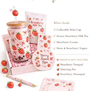 Bobatique Cup Club - Collectible Boba Cup with Instant Strawberry Milk Tea, Strawberry Coaster, Straw & Topper, Notepad, Pen, Mousepad