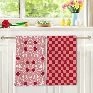 2 Piece Floral Kitchen Towels, Soft Texture, Sweet Simple Kitchen, Cozy Restaurant Decor, Flower & Grid Elements, Fresh Elegant Style