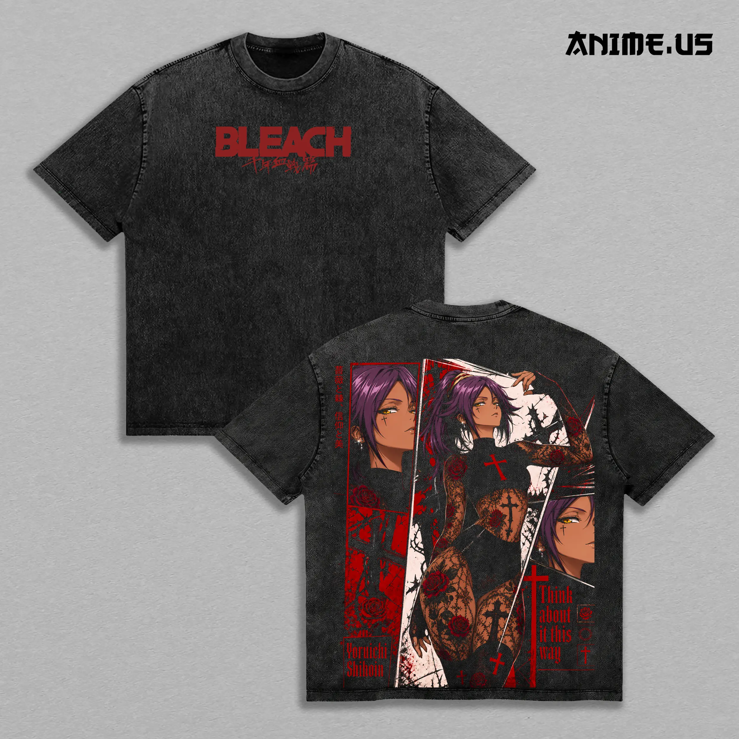 Yoruichi Shihouin Bleach Gothic Tattoo Art Vintage Washed Heavyweight Cotton T-Shirt Double Sided Graphic Oversized Streetwear Tee Anime Gift for Bleach Fans