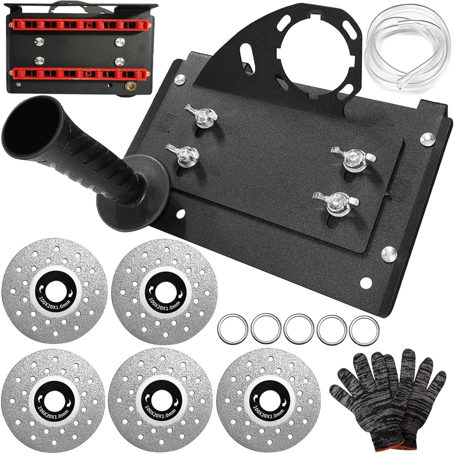 45 Degree Tile Chamfering Tool, Angle Stand with 5 PCS Grinding Disc Wheel Cutting Blades Gloves Chamfer Holder Attachments 45° Beveling Bracket Device Accessories