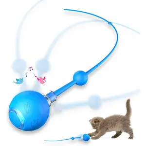 Interactive Cat Toy for Indoor Cats,Automatic Electric Self Rotating Ball with Chirping, Led Light and Long Tail for Motion Activated, Smart Spinning Ball for Fun Exercise, Blue