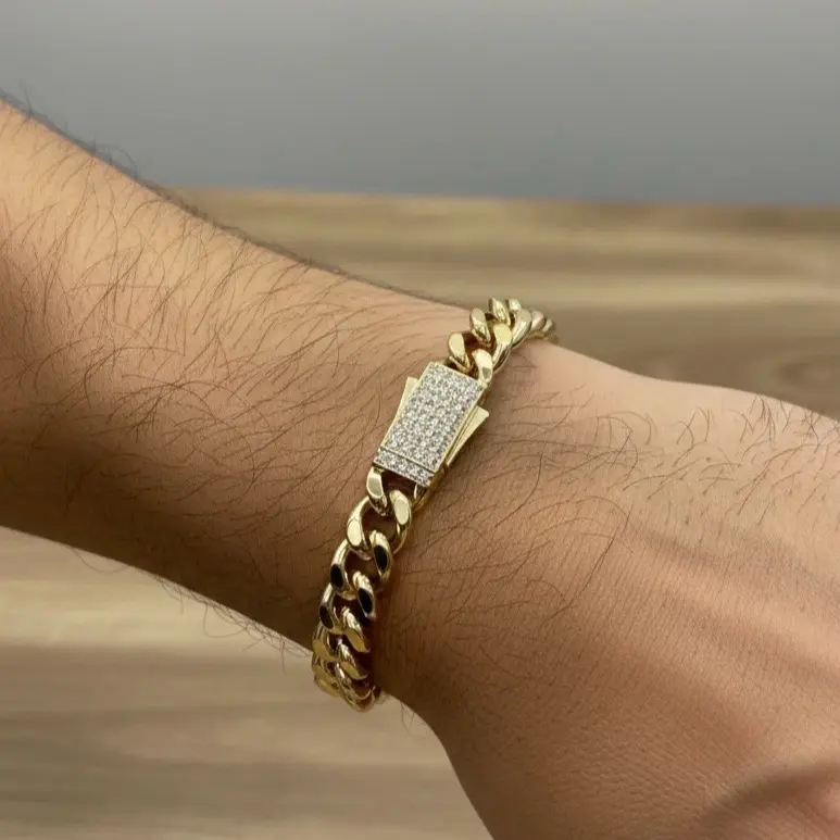Cuban Bracelet with Box Closure 8mm 19 cm 14k Laminated Gold Hypoallergenic Mens Jewelry