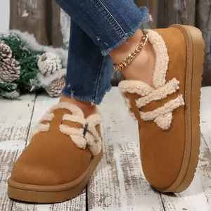 Women's Comfy Fleece Ankle Mini Snow Boots Non-Slip Sole Buckle Decor Winter House Indoor Outdoor Shoes