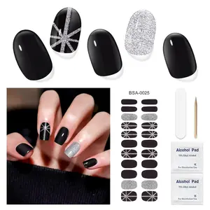 Gel Nail Strips No UV Light Needed, 22Pcs Black Silver Glitter Gel Nail Stickers for Women, Long Lasting Nail Polish Strips, Easy to Apply & Remove