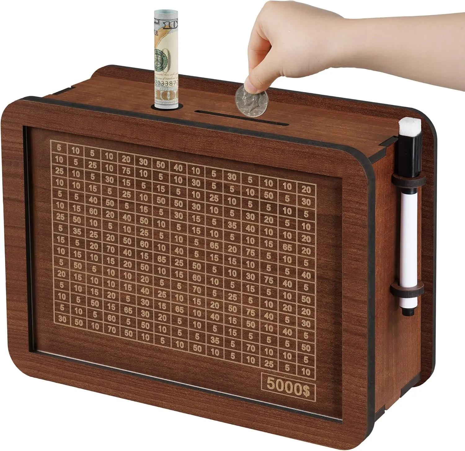 Wooden Cash Money Saving Challenge Box,Piggy Bank Kids & Adults,5000 Savings Challenge Box,A Coin Bank Toy Gift for 3-12 Year Old Boys & Girls (5000 Dollar)