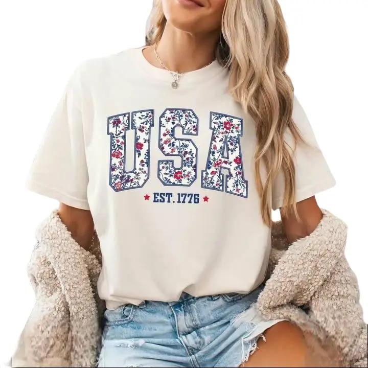 Floral USA Est 1776 Shirt, Patriotic American Graphic Tee, Vintage Independence Day Shirt, Cute Summer T-Shirt, Fourth of July Gift