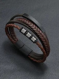 Brown Leather Multi-Layer Bracelet, Minimalist Edgy Jewelry with Braided Design, Metal Bar & Beaded Accents & Magnetic Clasp for Men's Daily & Streetwear