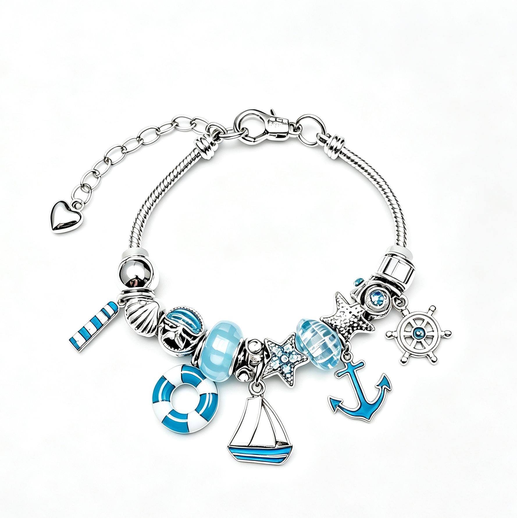 Nautical Ocean Charm Snake Chain Bracelet for Women, Adjustable Blue Sailboat Anchor Lifebuoy Beaded Bracelet, Beach Summer Jewelry Gift