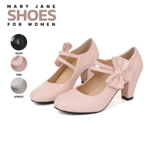 VIMISAOI Mary Jane Shoes For Women Round Toe Chunky High Heel Double Strap Vintage Bow Fashion Party Dress Wedding Pumps Mary Jane Ballet Flats Trendy Shoes