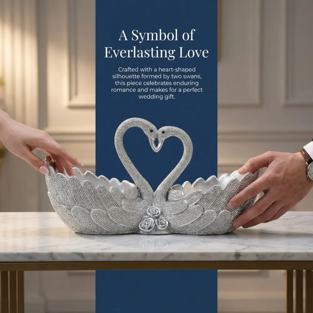 Silver Swan Couple Fruit Bowl Resin Statue, Beaded Textured Everlasting Love Decor, Luxury Serving Bowl Figurine, Modern Home Accent, Kitchen Table Ornament