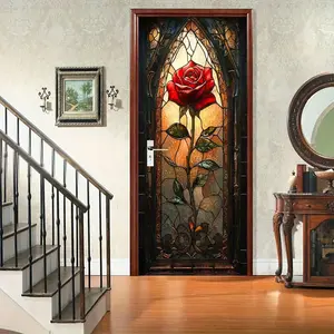 Colorful Glass Rose Door Sticker, Self-Adhesive Wall Decal Flower, Floral Pattern Sticker, Modern Home Decor for Bedroom Living Room Bathroom, Decorative Stickers