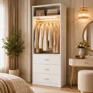 Cyclysio 24" Modular Closet System with Smart Sensor Light & 3 Wood Drawers, Modern Freestanding storage Wardrobe Walk-in Organizer organization with Hanging Rod and display shelf for Small Space