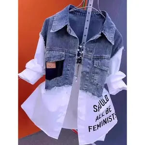 Patchwork denim jacket with lapel, stylish denim shirt, casual denim jacket, trench coat, everyday skirt, winter wear, lightweight heart knot long sleeves, half zip pullover. puffer jacket winter clothes women