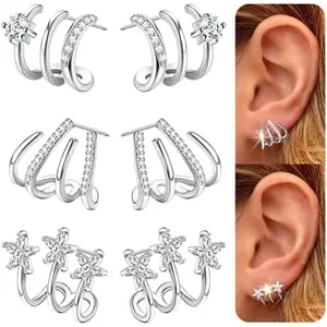 MILACOLATO 925 Sterling Silver Cubic Zirconia Cuff Earrings Triple Huggie Illusion Stud Earrings Hypoallergenic Wrap Ear Cuffs Earrings for Women Trendy
