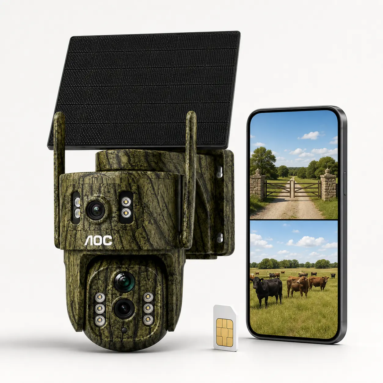 AOC 4G LTE Solar Security Camera for Farm, Orchard & Woodland, Discreet Outdoor Surveillance, No WiFi Needed (7-Day Trial, 4G Plan Required), Dual-Lens Dual-View, 350° Pan 90° Tilt, Motion Detection, Color Night Vision, AOV All-Day Recording, IP65