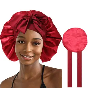 AWAYTR Women's Satin Bonnet Hair Wrap for Sleeping With Elastic Tie Band Red Bonnets Hair Care Sleep Cap