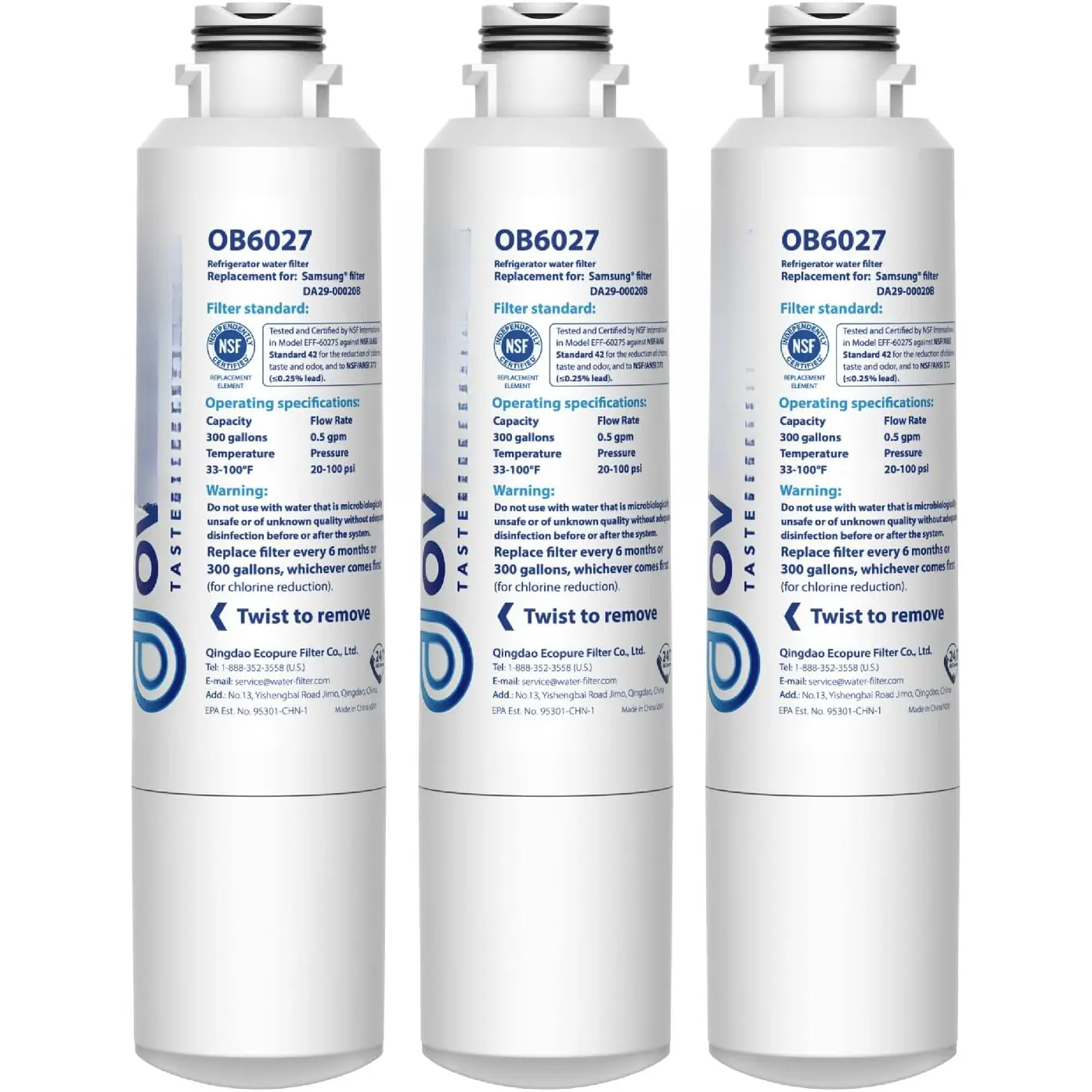 DA29-00020B Refrigerator Water Filter, Replacement for  HAF-CIN, 46-9101, RF28HMEDBSR, RF4287HARS, RF263TEAESG, RH22H9010SR, 3 Filters