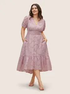 【Summer Turn-Up】【Pocket Approved】 Bloomchic Solid Textured Lantern Sleeve Button Detail Dress 2026 Summer Pick for Mother's Day