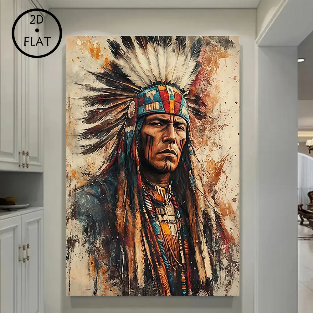 1 Piece Apache Warrior Wall Art Painting - Traditional Native American Canvas Painting, Artistic, Wooden Frame Mounted, Ready to Hang, Suitable for Bedroom, Living Room, and Farmhouse Home Decoration, Earth Tone Art Headdress Design, 2D Flat