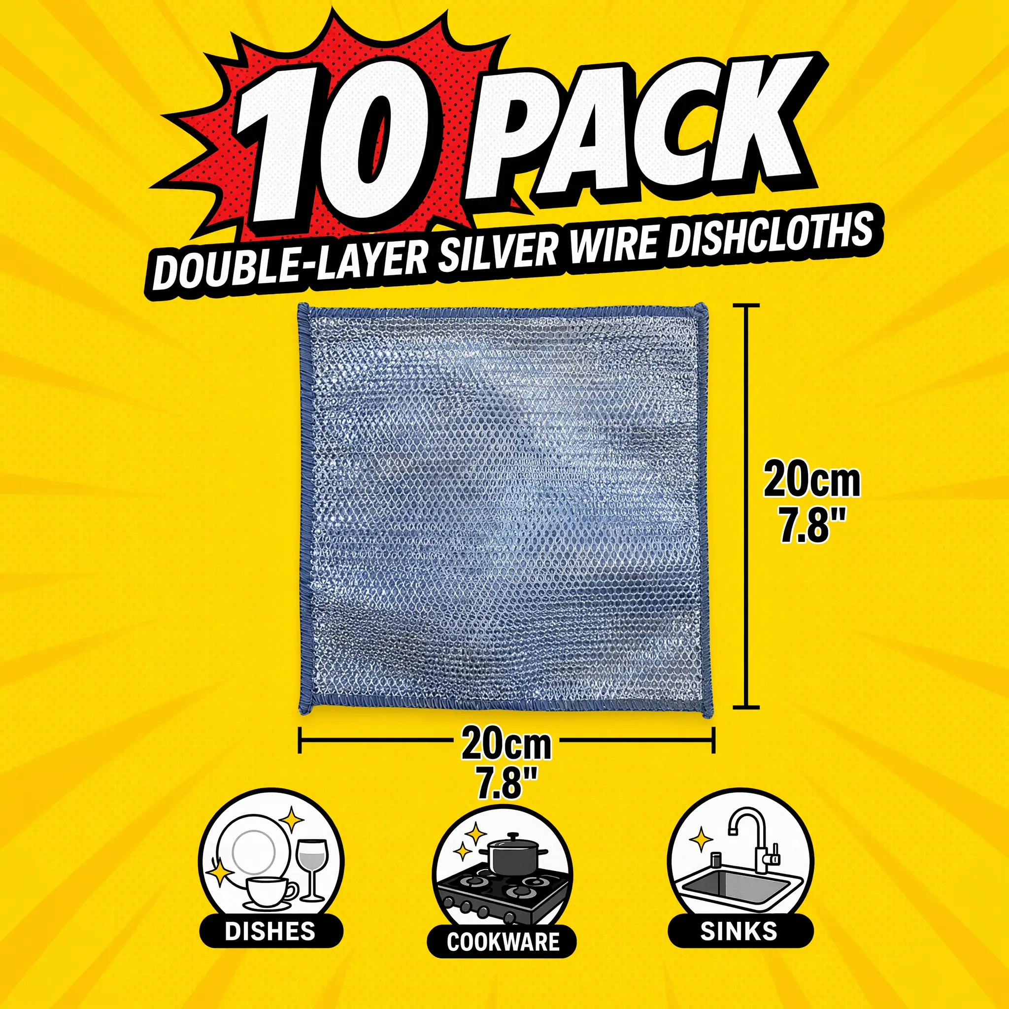 10-Pack Reusable Silver Wire Cleaning Cloth Rags (7.5x7.5"), Non-Scratch Wet-Dry Cloths for Daily Clean, Multi-Room Practical Use on Kitchen & Bathroom Surfaces, Scrubbing