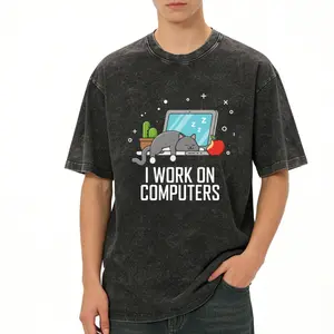 Funny Cat T-Shirt – I Work On Computers Design, Casual Washed Tee for Cat Lovers